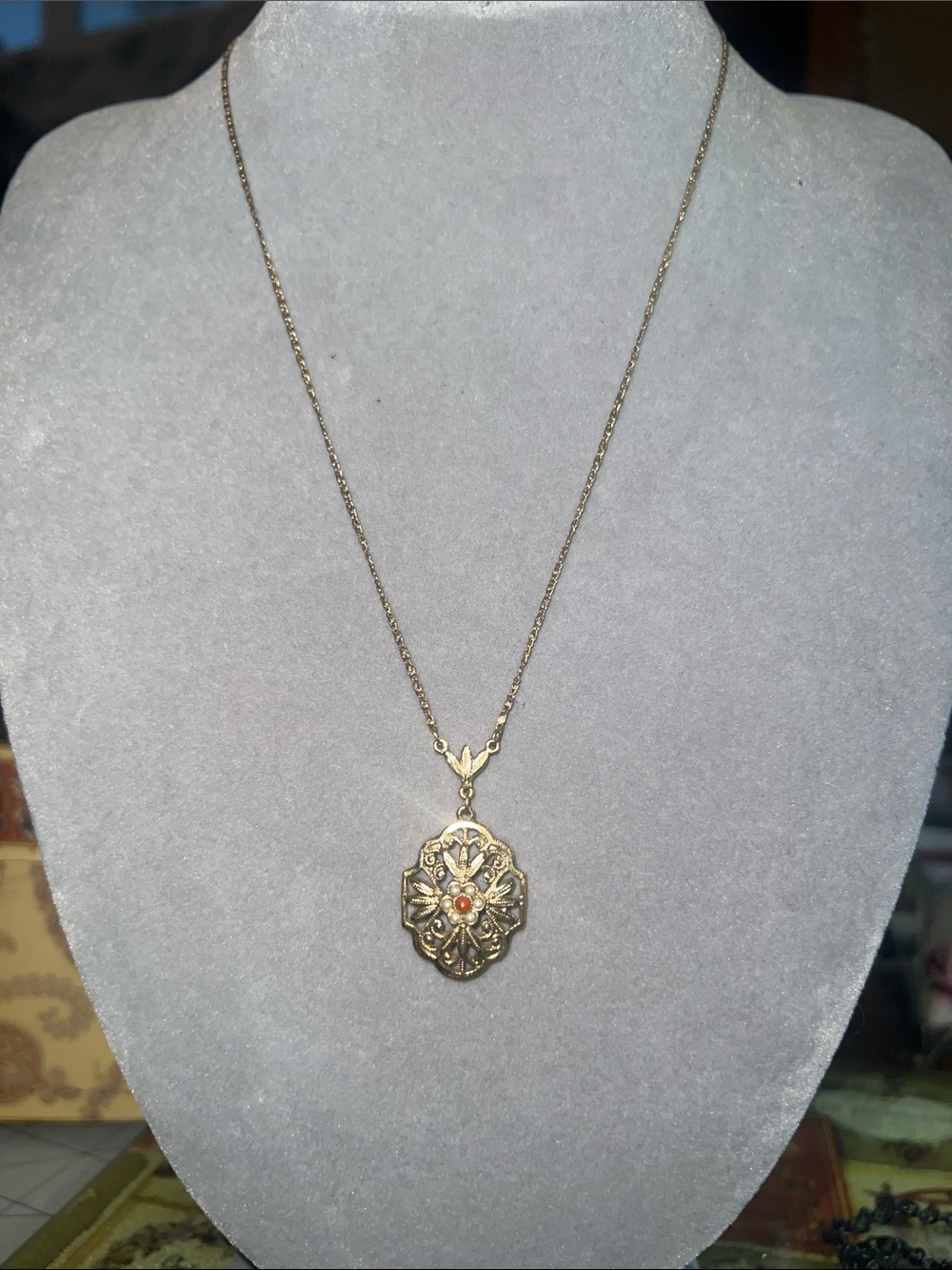 Vintage 1928 Gold-Tone Filigree Pendant Necklace with Coral Accent